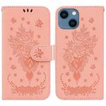 For iPhone 15 Butterfly Rose Embossed Leather Phone Case(Pink)