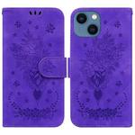 For iPhone 15 Plus Butterfly Rose Embossed Leather Phone Case(Purple)