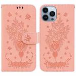 For iPhone 14 Pro Max Butterfly Rose Embossed Leather Phone Case(Pink)