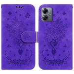 For Motorola Moto G14 Butterfly Rose Embossed Leather Phone Case(Purple)