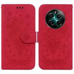 For Realme 12+ Butterfly Rose Embossed Leather Phone Case(Red)