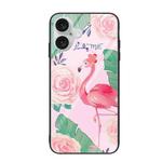 For iPhone 16 Colorful Painted Glass Phone Case(Flamingo)