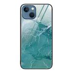 For iPhone 15 Marble Pattern Glass Protective Phone Case(Green Ocean)