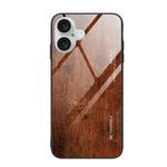 For iPhone 16 Wood Grain Glass Phone Case(Dark Brown)