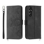 For Samsung Galaxy A25 5G Skin-feel Flowers Embossed Wallet Leather Phone Case(Black)