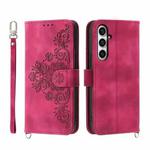 For Samsung Galaxy S23 FE 5G Skin-feel Flowers Embossed Wallet Leather Phone Case(Wine Red)