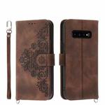 For Samsung Galaxy S10+ Skin-feel Flowers Embossed Wallet Leather Phone Case(Brown)