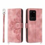 For Samsung Galaxy S20 Ultra Skin-feel Flowers Embossed Wallet Leather Phone Case(Pink)