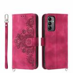 For Samsung Galaxy A05s Skin-feel Flowers Embossed Wallet Leather Phone Case(Wine Red)