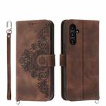 For Samsung Galaxy A15 Skin-feel Flowers Embossed Wallet Leather Phone Case(Brown)