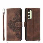 For Samsung Galaxy A25 5G Global Skin-feel Flowers Embossed Wallet Leather Phone Case(Brown)