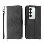 For vivo V27 Skin-feel Flowers Embossed Wallet Leather Phone Case(Black)