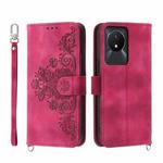 For vivo Y02a Skin-feel Flowers Embossed Wallet Leather Phone Case(Wine Red)