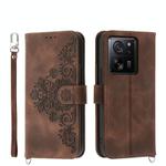 For Xiaomi 13T Skin-feel Flowers Embossed Wallet Leather Phone Case(Brown)