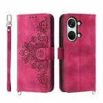 For OnePlus Ace 2V Skin-feel Flowers Embossed Wallet Leather Phone Case(Wine Red)