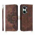 For OnePlus Ace 2V Skin-feel Flowers Embossed Wallet Leather Phone Case(Brown)