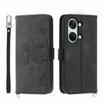 For OnePlus Ace 2V Skin-feel Flowers Embossed Wallet Leather Phone Case(Black)