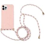 For iPhone 15 Pro Max Wheat Straw TPU Shockproof Phone Case with Neck Lanyard(Pink)
