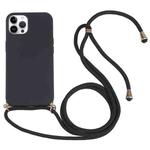 For iPhone 15 Pro Max Wheat Straw TPU Shockproof Phone Case with Neck Lanyard(Black)