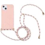 For iPhone 15 Wheat Straw TPU Shockproof Phone Case with Neck Lanyard(Pink)