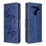 For LG K51 Two Butterflies Embossing Pattern Horizontal Flip Leather Case with Holder & Card Slot & Wallet & Lanyard(Dark Blue)