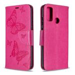 For Huawei P Smart (2020) Two Butterflies Embossing Pattern Horizontal Flip Leather Case with Holder & Card Slot & Wallet & Lanyard(Rose Red)