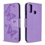 For Huawei P Smart (2020) Two Butterflies Embossing Pattern Horizontal Flip Leather Case with Holder & Card Slot & Wallet & Lanyard(Purple)
