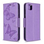 For Huawei Y5P / Honor 9S Two Butterflies Embossing Pattern Horizontal Flip Leather Case with Holder & Card Slot & Wallet & Lanyard(Purple)