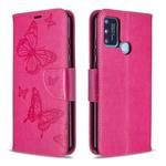 For Huawei Honor 9A Two Butterflies Embossing Pattern Horizontal Flip Leather Case with Holder & Card Slot & Wallet & Lanyard(Rose Red)