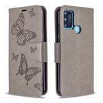 For Huawei Honor 9A Two Butterflies Embossing Pattern Horizontal Flip Leather Case with Holder & Card Slot & Wallet & Lanyard(Grey)