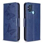 For Huawei Honor 9A Two Butterflies Embossing Pattern Horizontal Flip Leather Case with Holder & Card Slot & Wallet & Lanyard(Dark Blue)