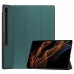 For Samsung Galaxy Tab S10 Ultra / S9 Ultra Custer Pure Color 3-Fold Holder Smart Leather Tablet Case(Dark Green)