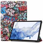 For Samsung Galaxy Tab S9 Custer Painted 3-Fold Holder Smart Leather Tablet Case(Graffiti)