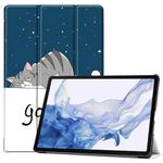 For Samsung Galaxy Tab S9 Custer Painted 3-Fold Holder Smart Leather Tablet Case(Lazy Cat)