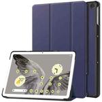 For Google Pixel Tablet Custer Pure Color 3-Fold Holder Smart Leather Tablet Case(Dark Blue)