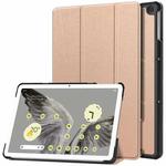 For Google Pixel Tablet Custer Pure Color 3-Fold Holder Smart Leather Tablet Case(Rose Gold)