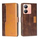 For vivo Y78 5G Contrast Color Side Buckle Leather Phone Case(Dark Brown + Gold)