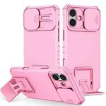 For iPhone 16 Plus Stereoscopic Holder Sliding Camshield Phone Case(Pink)