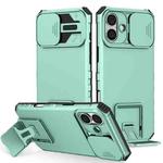 For iPhone 16 Plus Stereoscopic Holder Sliding Camshield Phone Case(Light Blue)