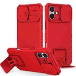 For iPhone 16 Stereoscopic Holder Sliding Camshield Phone Case(Red)