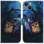 For iPhone 14 Plus Coloured Drawing Flip Leather Phone Case(Oil Painting Owl)