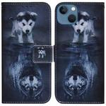 For iPhone 14 Plus Coloured Drawing Flip Leather Phone Case(Wolf and Dog)
