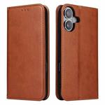 For iPhone 16 Fierre Shann PU Genuine Leather Texture Phone Case(Brown)