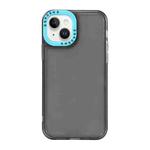 For iPhone 14 Plus Color Contrast Lens Frame Transparent TPU Phone Case(Black + Sky Blue)