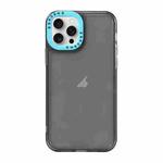 For iPhone 15 Pro Color Contrast Lens Frame Transparent TPU Phone Case(Black + Sky Blue)