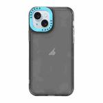 For iPhone 15 Color Contrast Lens Frame Transparent TPU Phone Case(Black + Sky Blue)