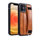 For iPhone 12 Photo Frame Card Wallet Wrist Strap Holder Back Cover Phone Case(Brown)