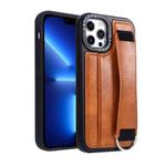 For iPhone 13 Pro Photo Frame Card Wallet Wrist Strap Holder Back Cover Phone Case(Brown)