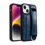 For iPhone 14 Plus Photo Frame Card Wallet Wrist Strap Holder Back Cover Phone Case(Royal Blue)