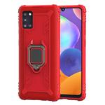 For Samsung Galaxy A31 Carbon Fiber Protective Case with 360 Degree Rotating Ring Holder(Red)
